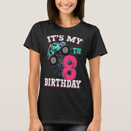 8歳ガール8誕生日モンスタートラックボーイクリュ Tシャツ (正面)