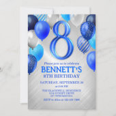 8歳男子 青い誕生日パーティーの招待状 招待状 (正面)