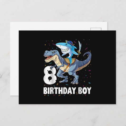 8歳、8歳の誕生日・ボーイ・シャーク恐竜プリラット シーズンポストカード (正面/裏面)