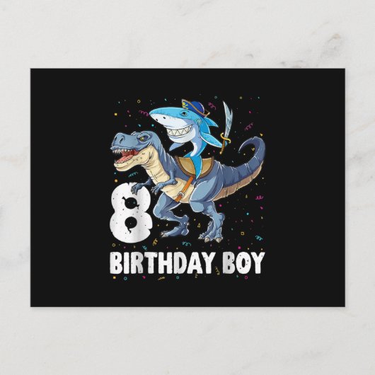 8歳、8歳の誕生日・ボーイ・シャーク恐竜プリラット シーズンポストカード (正面)
