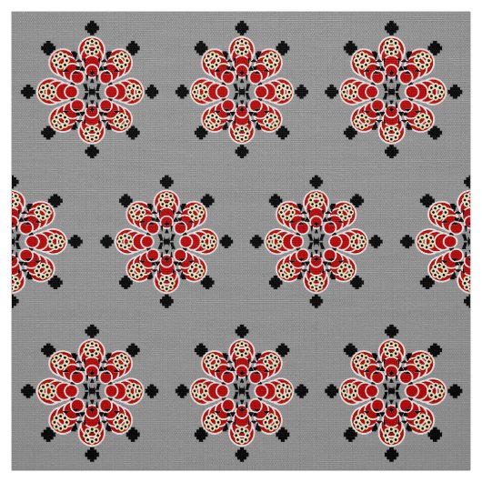 8点曼荼羅，赤，黒と灰色/灰色 ファブリック (見本)