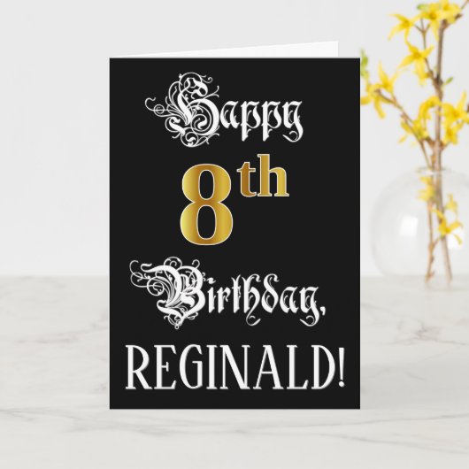 8番目の誕生日:ファンシースクリプト、フェイク金ゴールド・ルック、名前 カード (黄色い花)