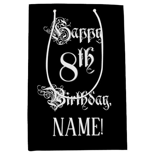 8番目の誕生日: ファンシー、スクリプエレガントト+名前をカスタムする ミディアムペーパーバッグ (正面)