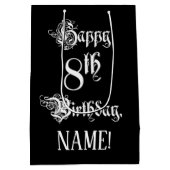 8番目の誕生日: ファンシー、スクリプエレガントト+名前をカスタムする ミディアムペーパーバッグ (裏面)