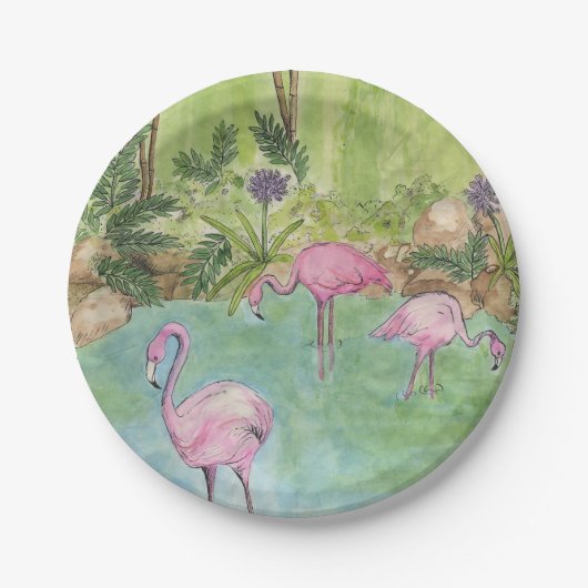 8紙プレート – 水彩フラミンゴ ペーパープレート (正面)