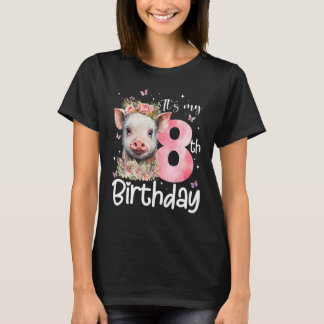 8誕生日ガールズピッグフローラクラウン8歳バー Tシャツ