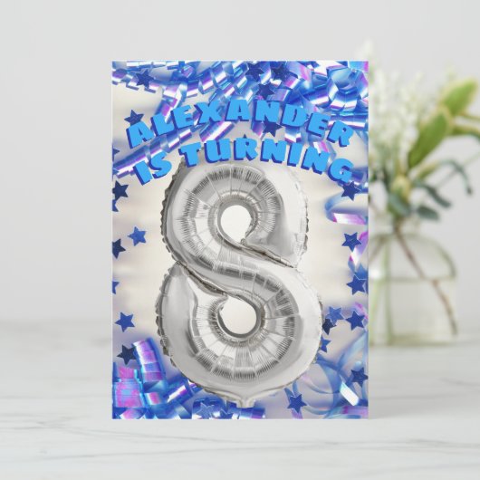 8誕生日シルバーとブルーエイジ8男の子パーティー 招待状 (スタンド正面)