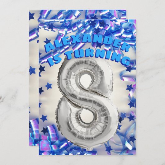 8誕生日シルバーとブルーエイジ8男の子パーティー 招待状 (正面/裏面)