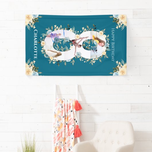 8誕生日ティール(緑がかった色)フラワーフォトコラージブルーイエロー 横断幕 (インサイチュ)