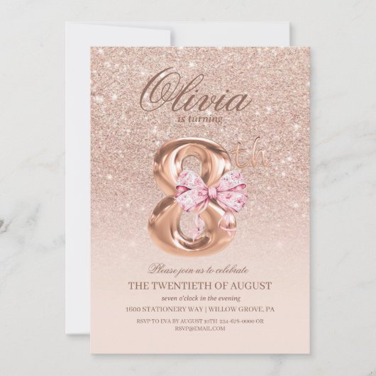 8誕生日バラピンク金ゴールドボウバースデーパーティー 招待状 (正面)