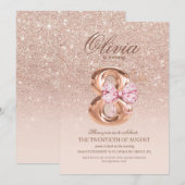 8誕生日バラピンク金ゴールドボウバースデーパーティー 招待状 (正面/裏面)