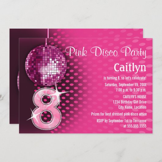 8誕生日ピンクディスコパーティー 招待状 (正面/裏面)