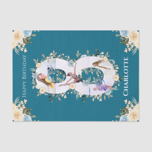 8誕生日フォトコラージュティール（緑がかった色）ブルーイエローフラワー 薄葉紙 (正面)