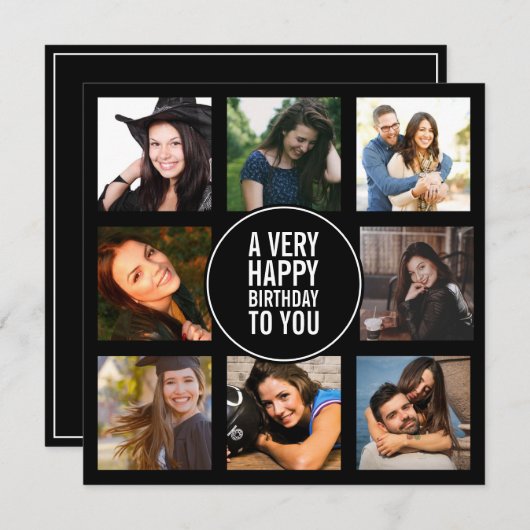 8誕生日フォトコラージュ黒白インビ 招待状 (正面/裏面)