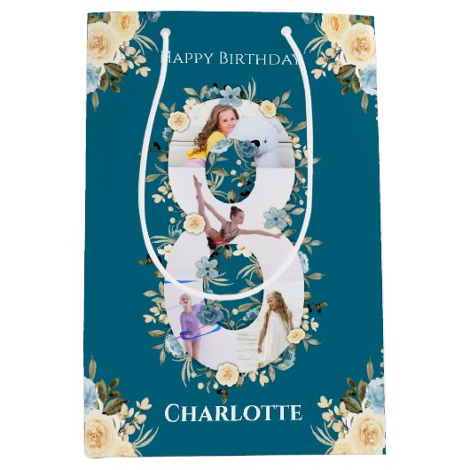 8誕生日フォトティール（緑がかった色）コラージブルーイエローフラワー ミディアムペーパーバッグ (正面)