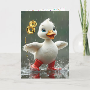 8誕生日ホワイトアヒルが雨の中で泳ぐ カード
