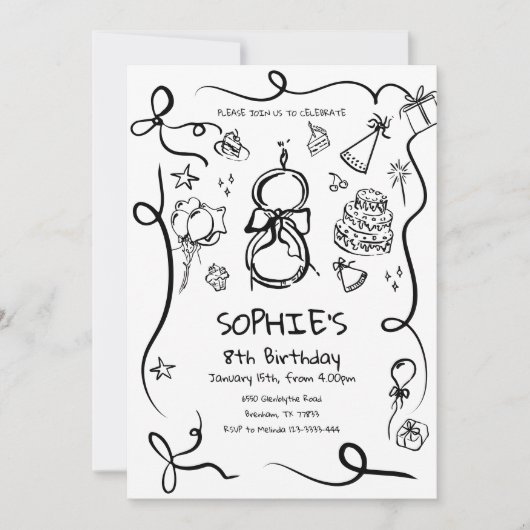 8誕生日招待状、手描き8誕生日 招待状 (正面)