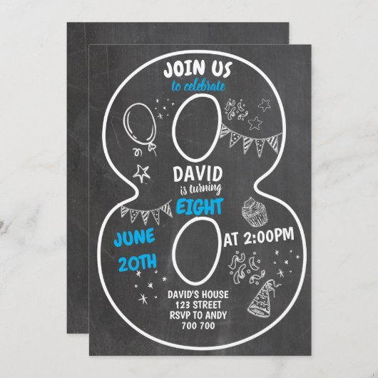 8誕生日目の男の子黒板番号青 招待状 (正面/裏面)