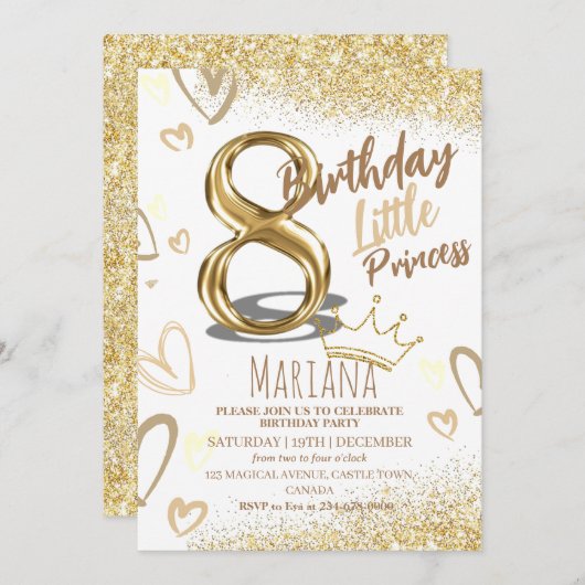 8誕生日聞いた金ゴールドグリッターグラマラスパーティー 招待状 (正面/裏面)
