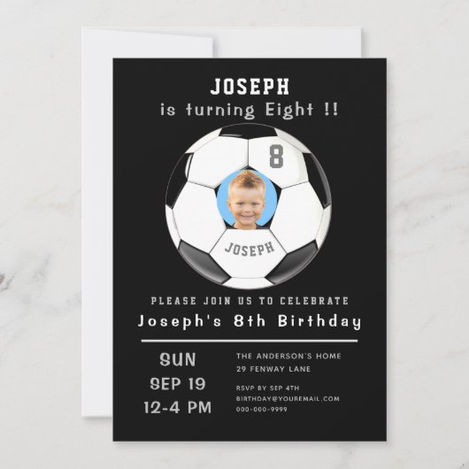 8誕生日黒カスタム色写真時代サッカー 招待状 (正面)