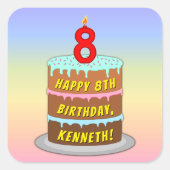 8誕生日:おもしろいケーキとキャンドル+名前をカスタムする スクエアシール (正面)