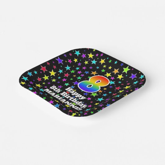 8誕生日:おもしろいスター柄と虹「8」 ペーパープレート (傾斜あり)