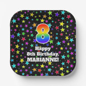 8誕生日:おもしろいスター柄と虹「8」 ペーパープレート (正面)