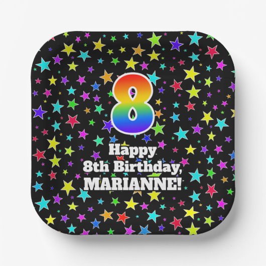 8誕生日:おもしろいスター柄と虹「8」 ペーパープレート (正面)