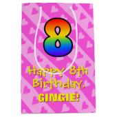 8誕生日:おもしろいピンクハートストライプ&レインボー8 ミディアムペーパーバッグ (正面)