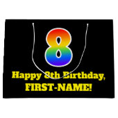 8誕生日～おもしろい, カラフル, 鮮やか, Rainbow 8 ラージペーパーバッグ (正面)