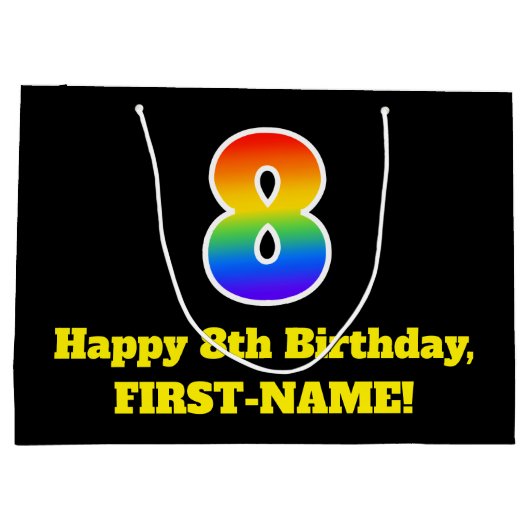 8誕生日～おもしろい, カラフル, 鮮やか, Rainbow 8 ラージペーパーバッグ (裏面)