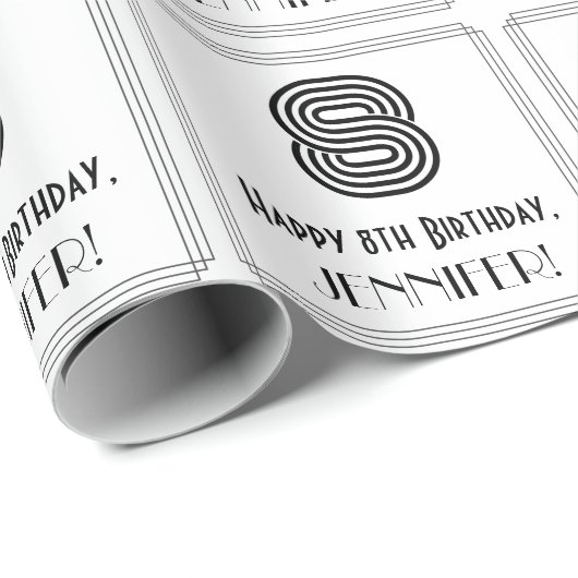 8誕生日:アールデコインスパイアスタイル「8」 +名前 ラッピングペーパー (ロールコーナー)