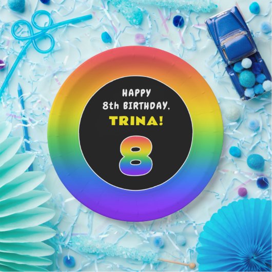 8誕生日:カラフルレインボー# 8、名前をカスタムする ペーパープレート (パーティー)