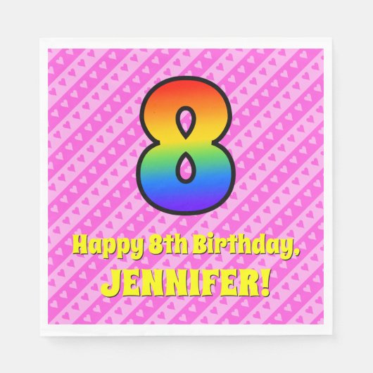 8誕生日：ピンクストライプのハート、レインボー8 スタンダードランチョンナプキン (正面)