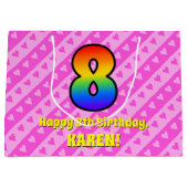 8誕生日：ピンクストライプのハート、レインボー8 ラージペーパーバッグ (正面)