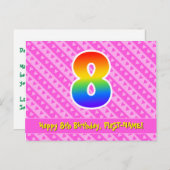 8誕生日：ピンクストライプハート、レインボー8 ポストカード (正面/裏面)