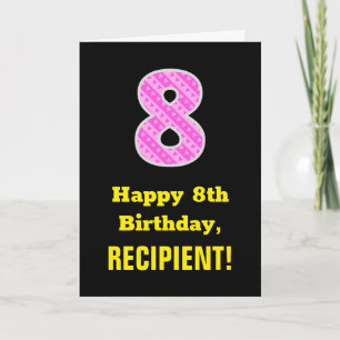 8誕生日:ピンクストライプ色のハートと「8」 +名前 カード