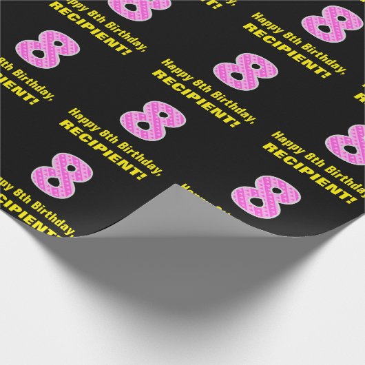 8誕生日:ピンクストライプ色のハートと「8」 +名前 ラッピングペーパー (角)