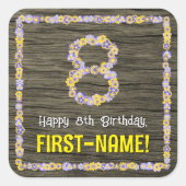 8誕生日:フローラ番号、フェイク木目、名前 スクエアシール (正面)