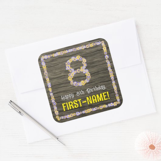 8誕生日:フローラ番号、フェイク木目、名前 スクエアシール (封筒)