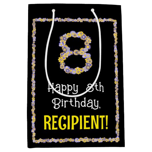 8誕生日:フローラ花数名前をカスタムする ミディアムペーパーバッグ (正面)