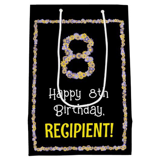 8誕生日:フローラ花数名前をカスタムする ミディアムペーパーバッグ (裏面)