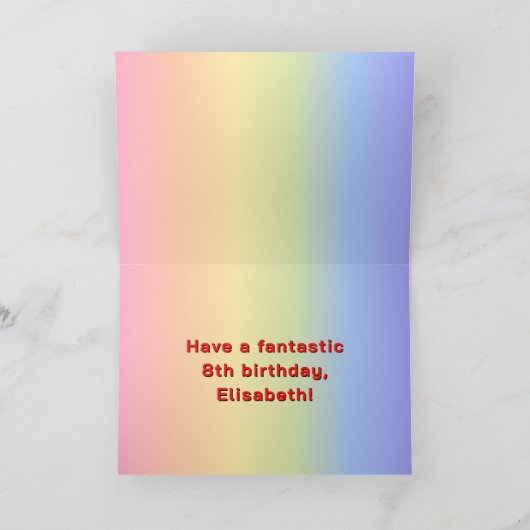 8誕生日:レインボー文字、カスタム写真&名前 カード (内部)