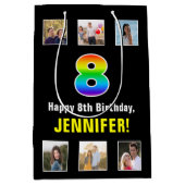 8誕生日:レインボー「8」、写真カスタムと名前 ミディアムペーパーバッグ (正面)