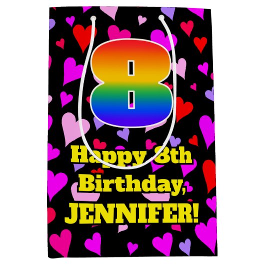 8誕生日：愛するハートパターン、虹# 8 ミディアムペーパーバッグ (正面)