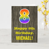 8誕生日:素朴ウッドルックフェイク、レインボー"8" カード (黄色い花)