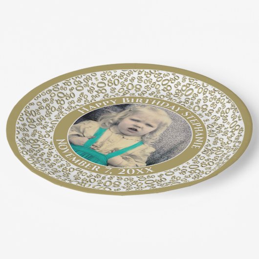 80あなたの写真の乱数パターン金ゴールド/白 ペーパープレート (アングル)