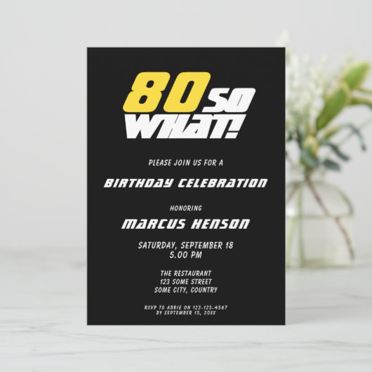 80おもしろいだから何引用文ブラック80誕生日 招待状 (スタンド正面)