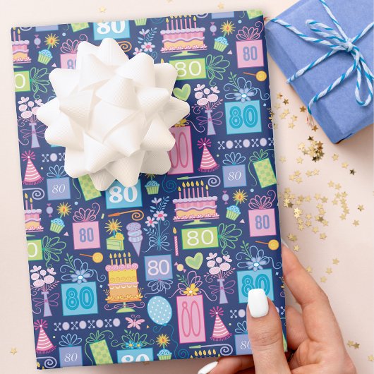 80お誕生日ケーキプレゼントバルーン青 ラッピングペーパーシート