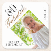 80と素晴らしいエレガントスクリプト写真80誕生日 スクエアペーパーコースター (正面)